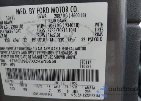 2012 Ford Escape Xlt из США, поврежденный, VIN 1FMCU9D7XCKB15559